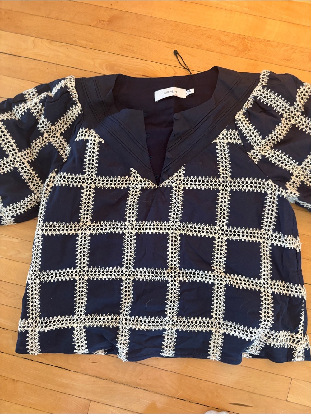 Greylin Navy Top with White Crochet Grid